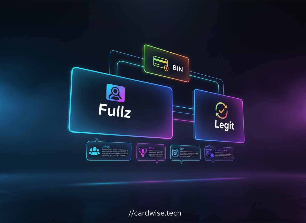 A colorful infographic with leading terms like 'Fullz,' 'BIN,' and 'Legit' printed on digital cards with stylized icons.