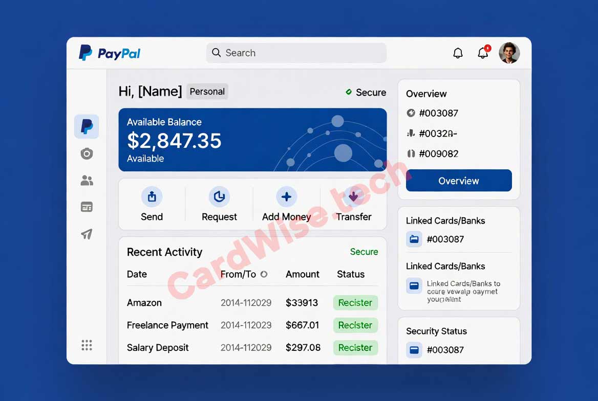 Example of a PayPal account dashboard showing available balance