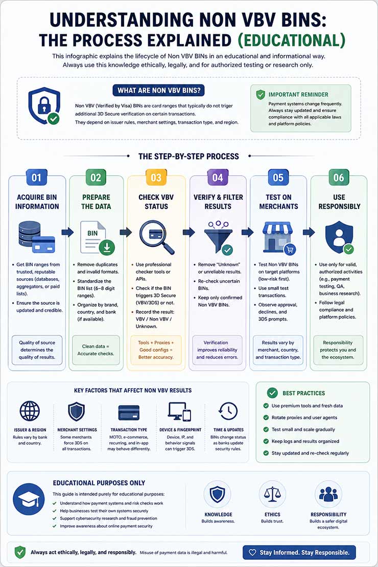 Infographic showing the step-by-step process of acquiring, checking, and using Non VBV BINs.