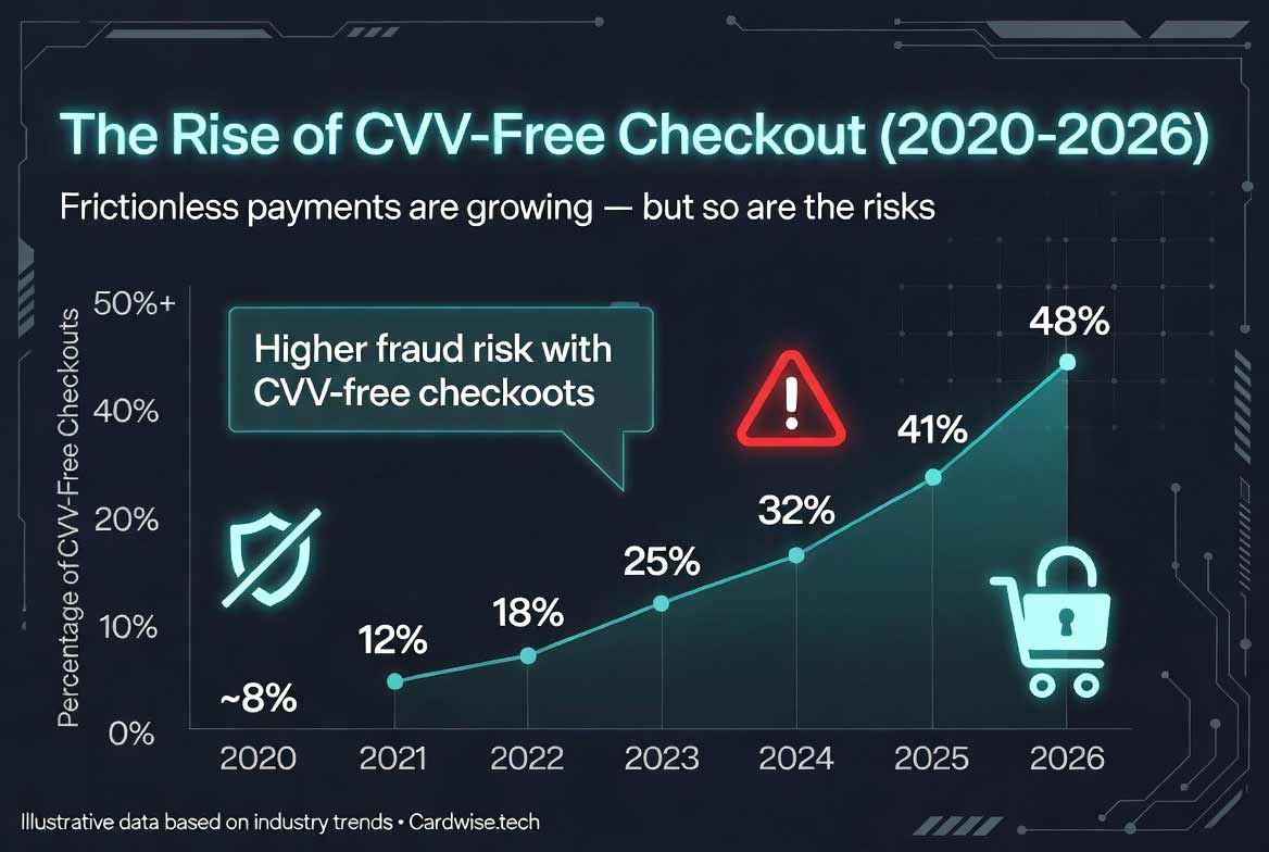 Infographic showing the growth of CVV-free checkout from 2020-2026
