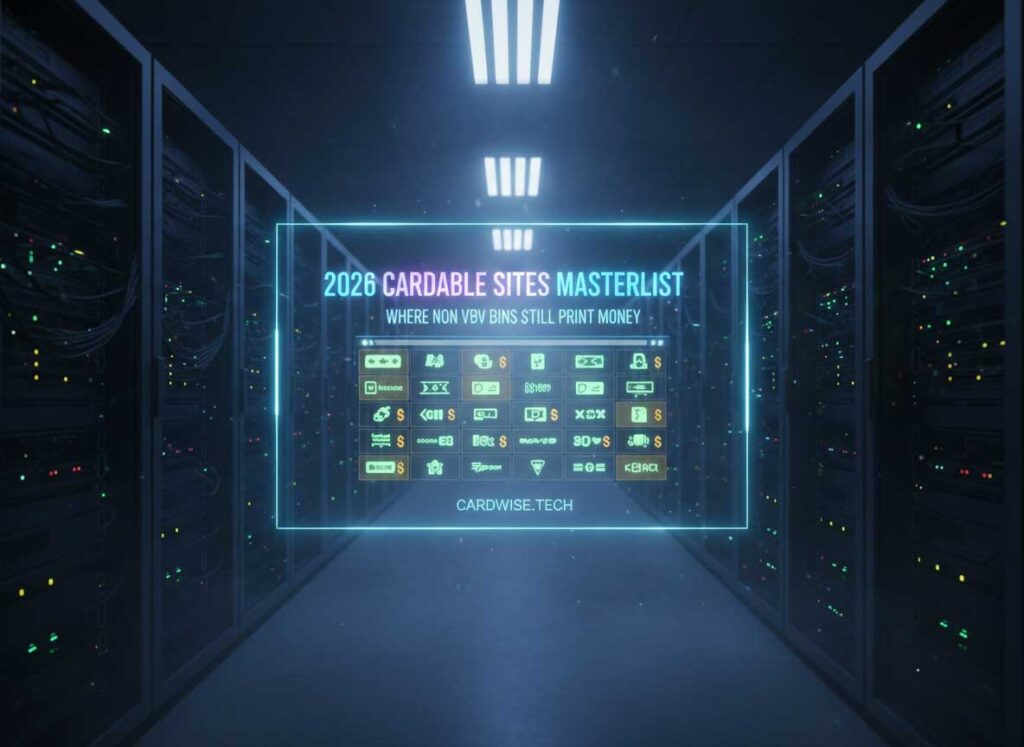 Cardable Sites 2026. A split screen: Top side "Retailer Sites" (High Volume, High Risk), Bottom side "Lifestyle Sites" (Low Volume, High AI Resistance).
