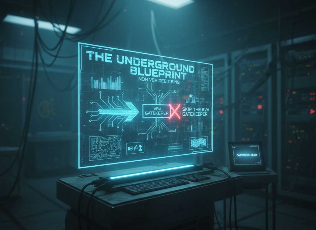 The Underground Blueprint to Non VBV Debit Bins: Skip the VBV Gatekeeper Non VBV Debit Bins. An icon labeled "VBV Gatekeeper." and on the other hand, "Skip The BVV GateKeeper" with a cancel sign seperating them