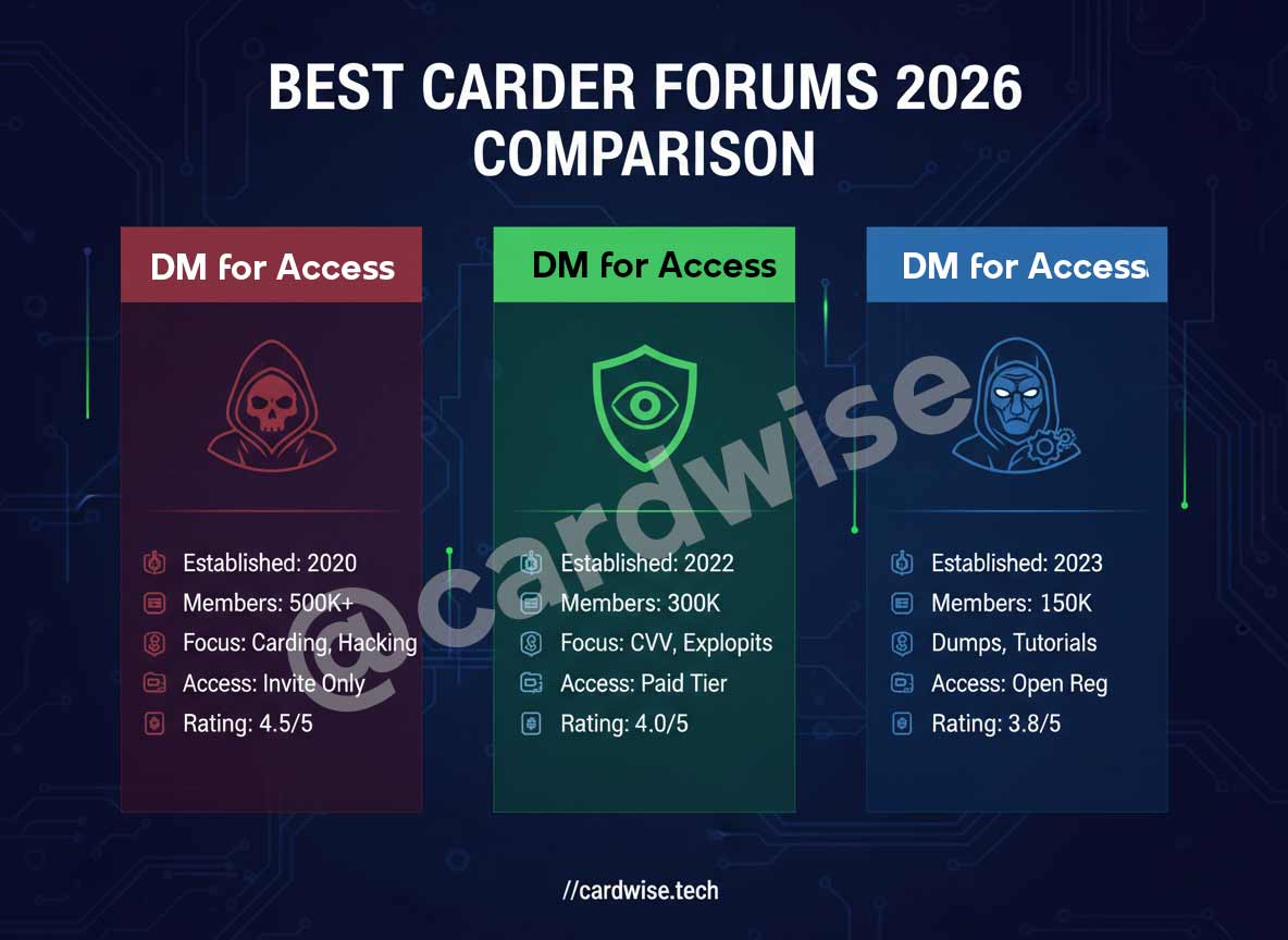 Comparison table of the best carding forums for 2026, highlighting features, skill level, and access requirements.