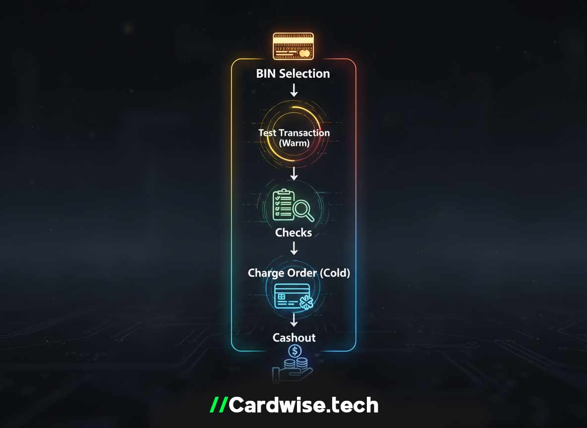 Vertical infographic showing the flow: BIN Selection -> Test Transaction (Warm) ->