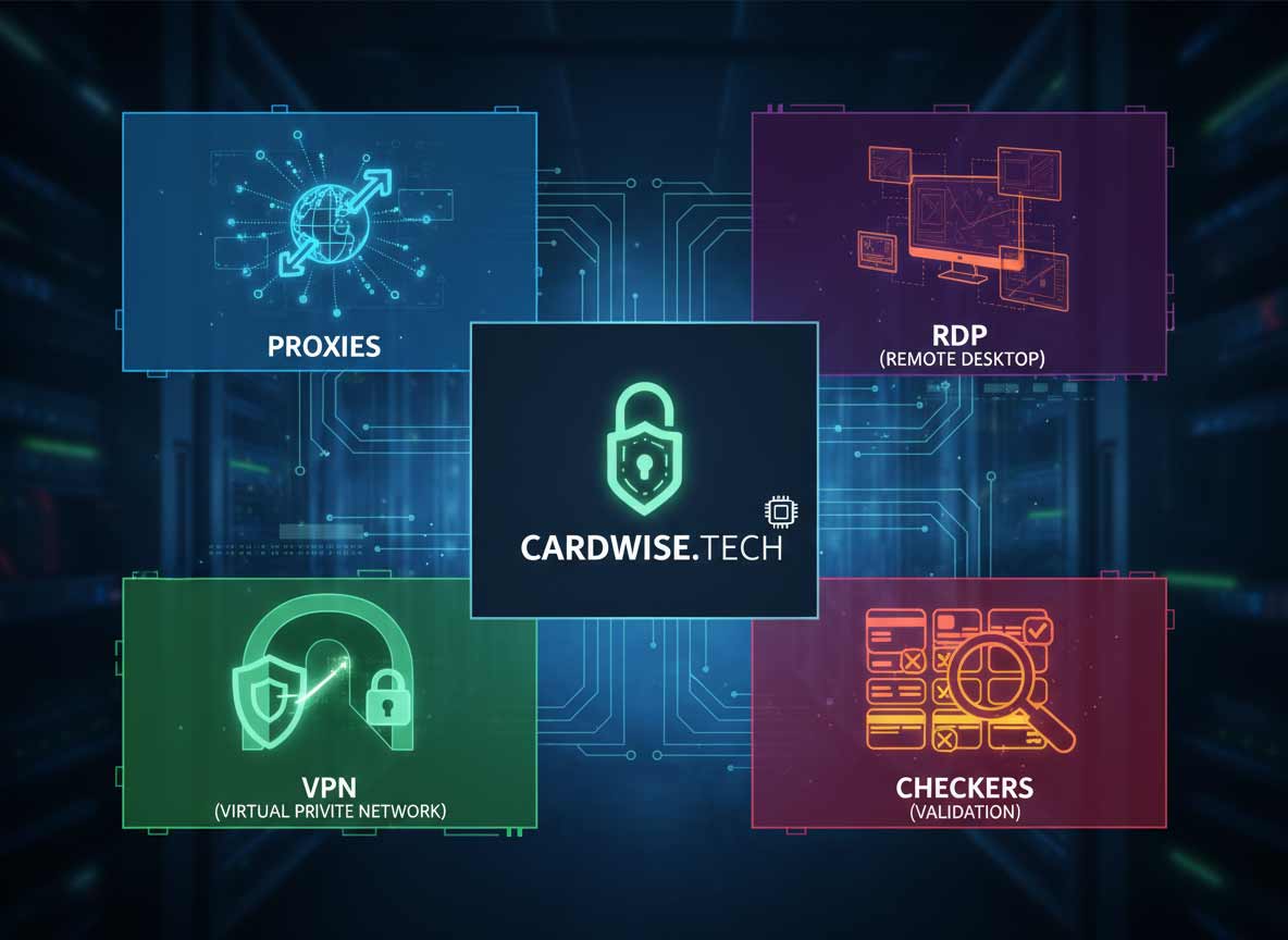 Collage of essential carding tools for 2026, including proxies, RDP, VPN, and checkers.