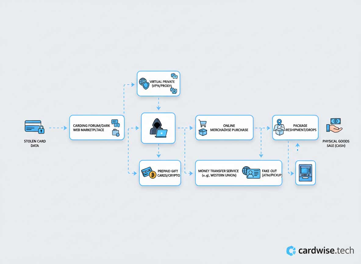 Diagram showing the money transfer carding process from stolen card to cashout.