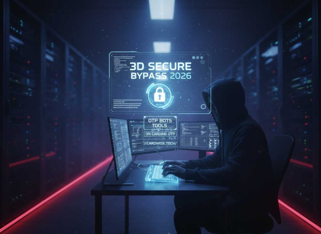 Smartphone displaying an OTP SMS code with network code background representing 3D Secure bypass techniques and OTP bot interception for carding operations