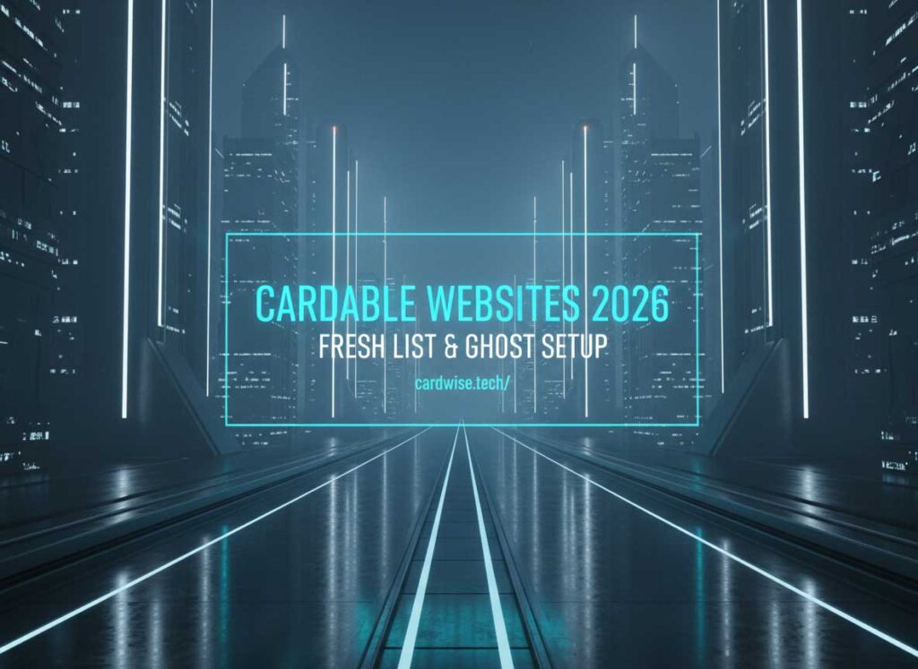 Cardable Websites 2026 – Fresh List. A stylized 2026 calendar graphic with a credit card and a ghost silhouette overlay.