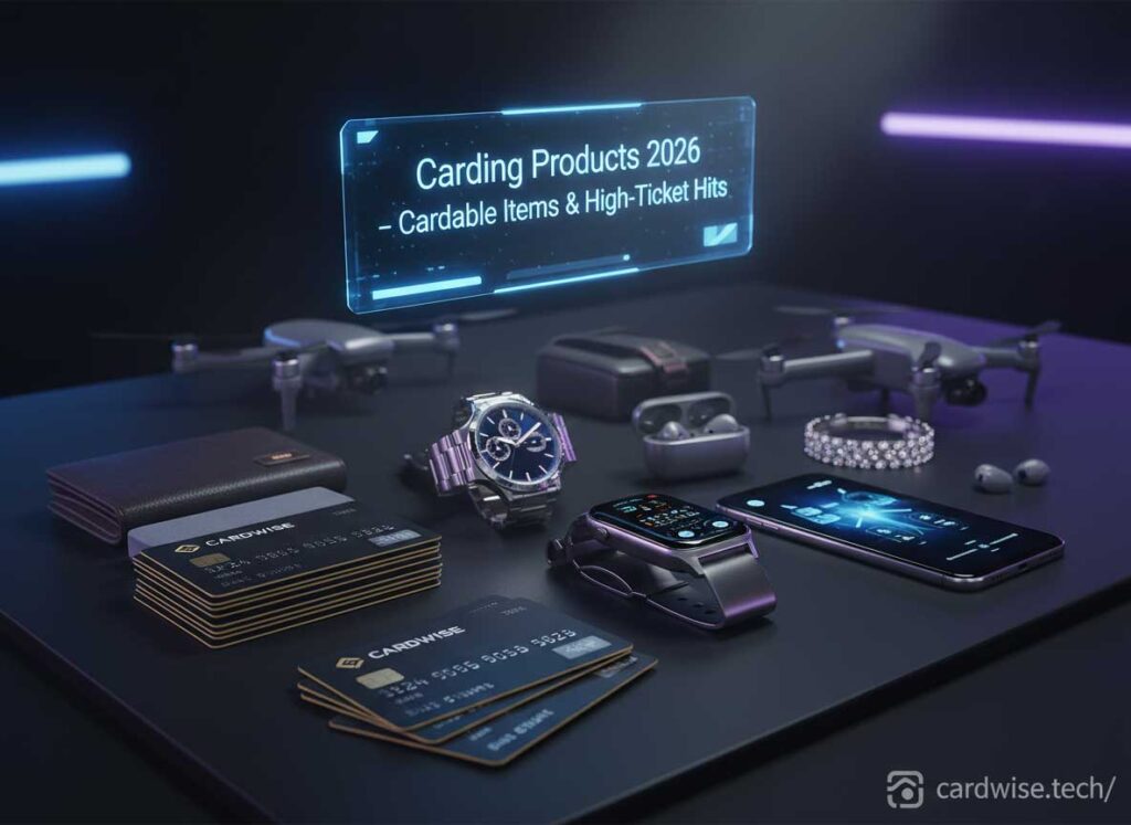 Carding Products 2026. A montage showing credit cards, shopping bags, and cryptocurrency symbols
