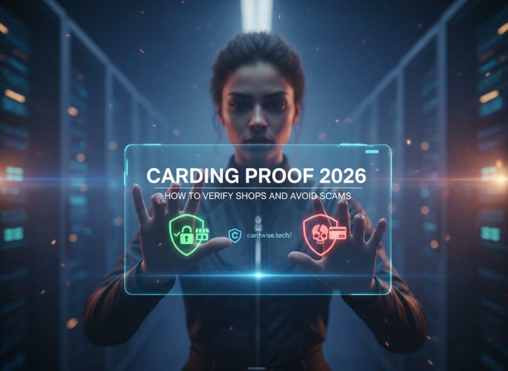 Carding Proof 2026 β How to Verify Shops and Avoid Scams Carding Proof 2026. Carding proof verification guide showing magnifying glass over credit card with shield icon