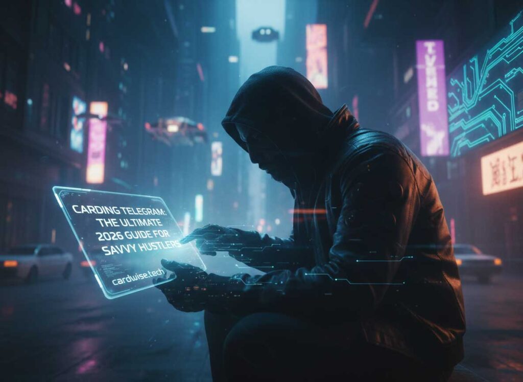 Carding Telegram 2026 guide featuring the Telegram app icon on a smartphone with digital security elements and encryption symbols in the background.