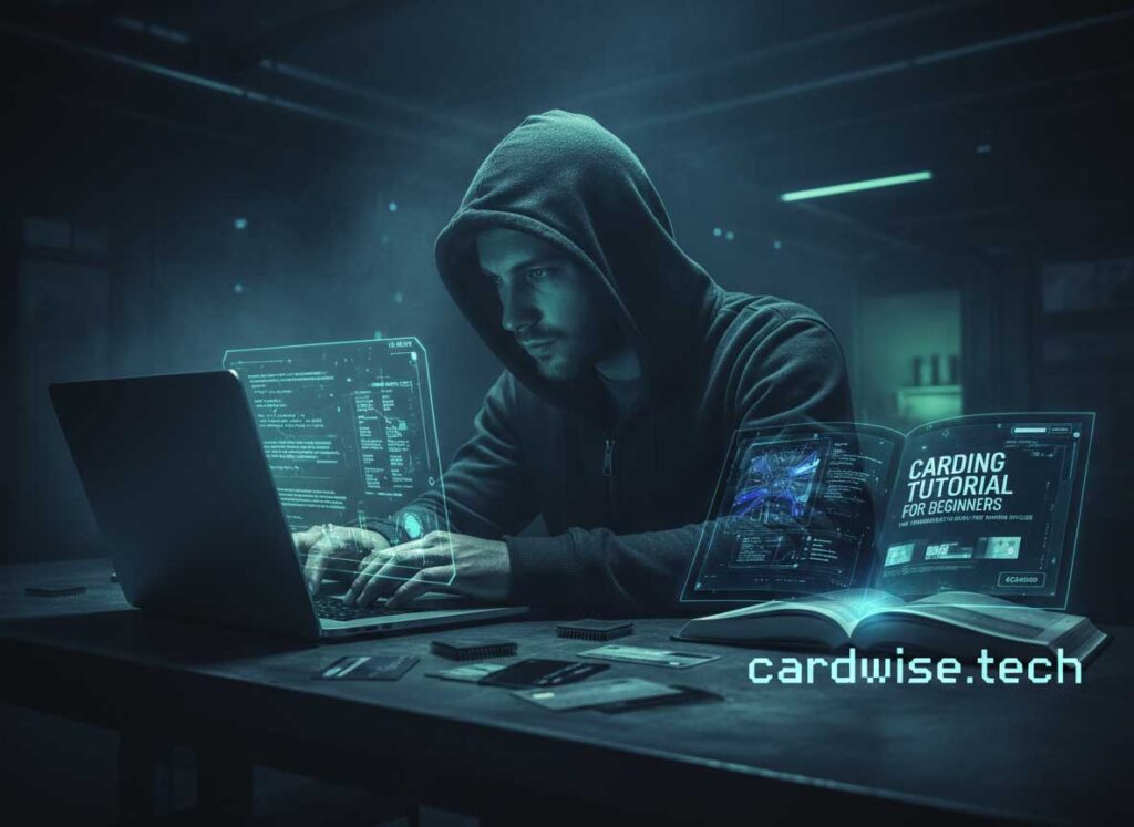 Carding Tutorial for Beginners. Carding tutorial featured image showing a hacker working on a laptop.