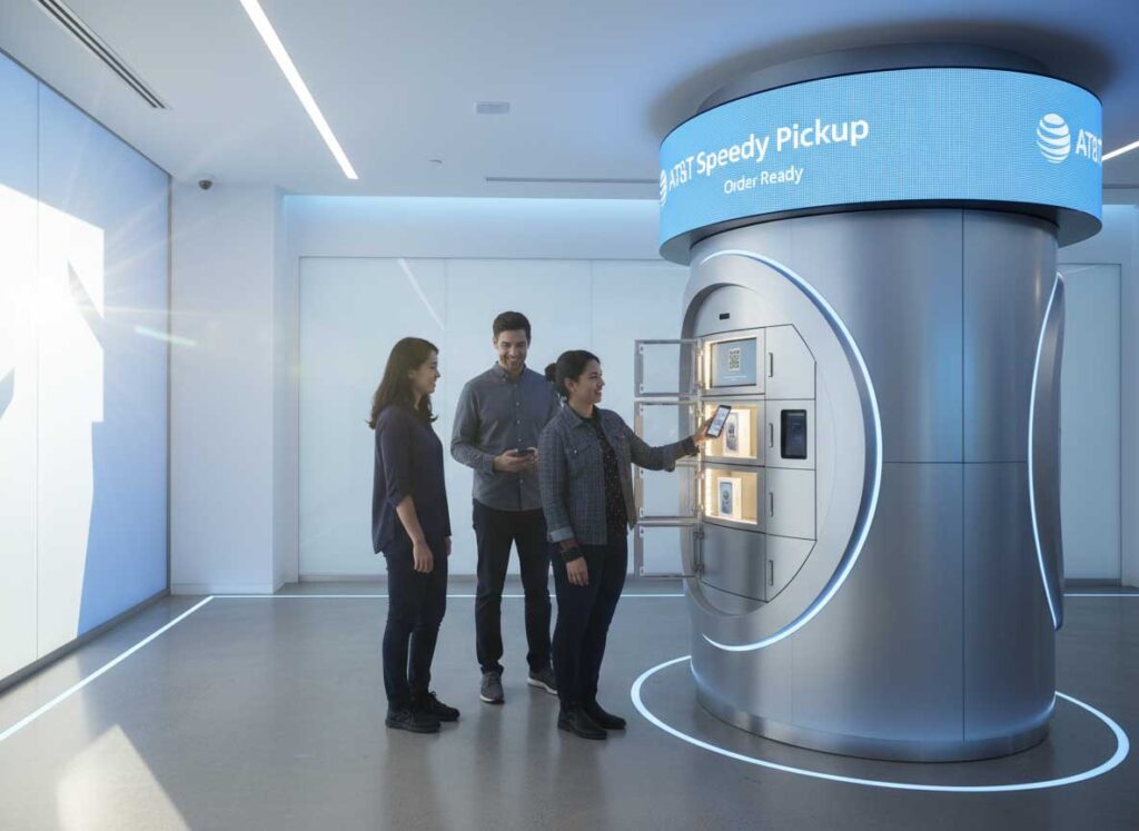 AT&T Store Pick Up Method . AT&T storefront with signage, representing the pickup location for orders placed online
