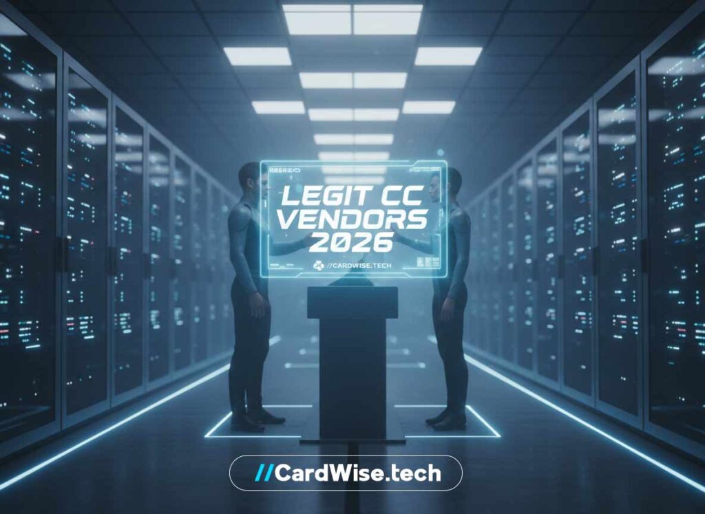 Legit CC Vendors 2026 guide with shield and credit card