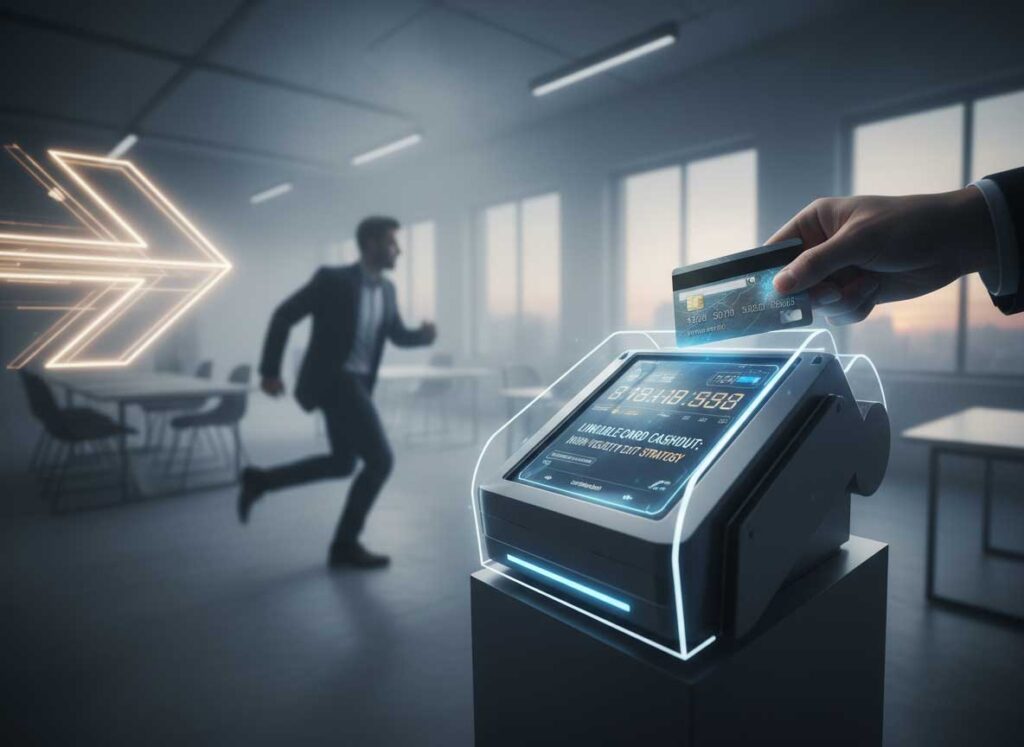 Linkable card cashout high velocity exit strategy concept showing card linking to digital wallet with data flow lines