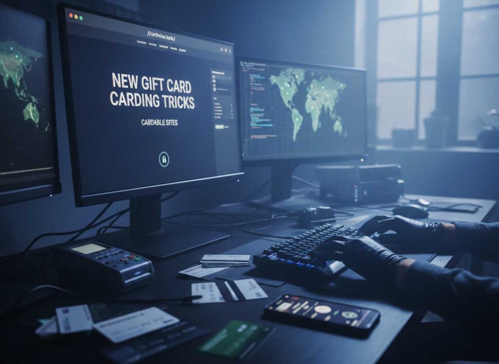 A graphic showing a stack of gift cards with a credit card in the background.