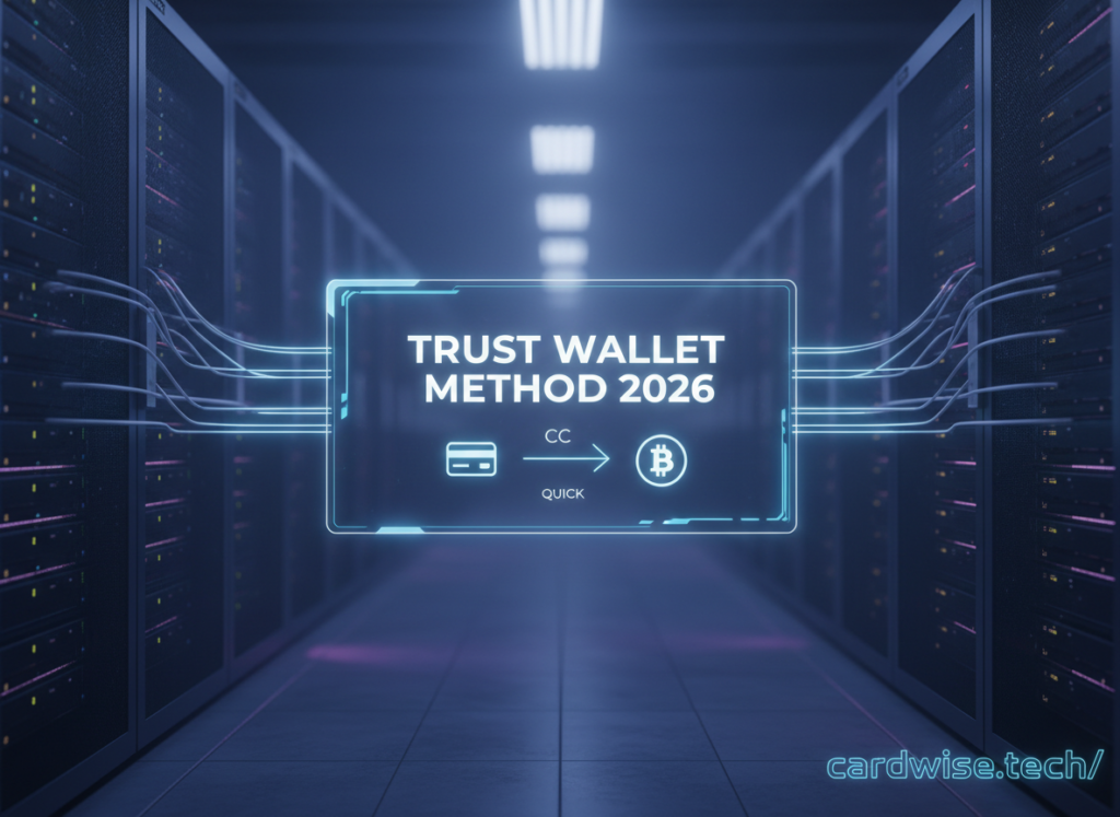 Trust Wallet carding method 2026 showing CC to BTC conversion process on smartphone screen