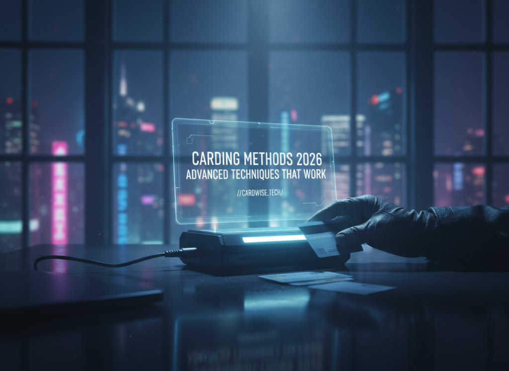 Carding methods 2026 advanced techniques guide featuring a glowing credit card on a dark digital background with security elements.