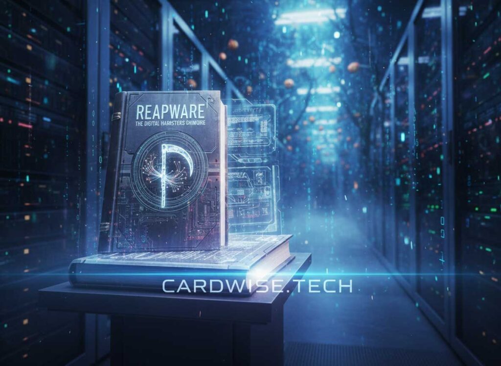 Reapware Digital Harvester's Grimoire featured image showing a glowing grimorie book with binary code background