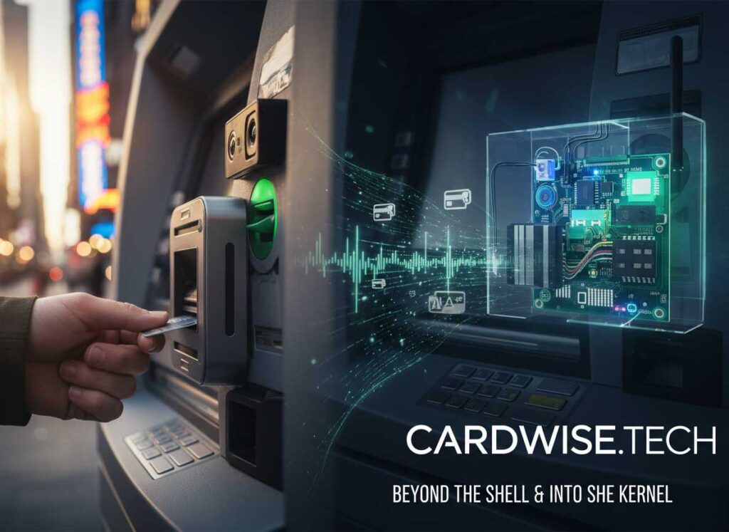 The ATM Skimming Scam: Beyond the Shell & Into the Kernel ATM Skimming Scam. Detailed diagram of a modern ATM skimmer toolkit showing read head, camera module, keypad overlay, shimmer, and microcontroller