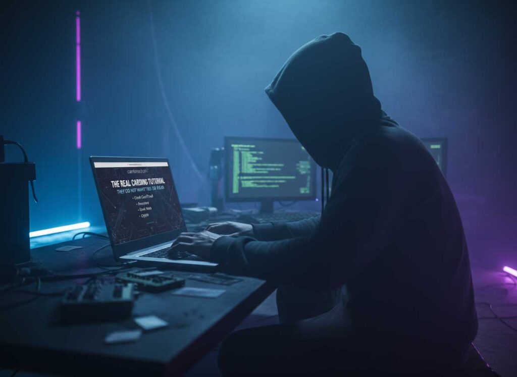 The Real Carding Tutorial They Don’t Want You To Read Carding Tutorial. Laptop displaying card data and code with credit cards and crypto symbols representing the complete carding workflow from setup to cashout