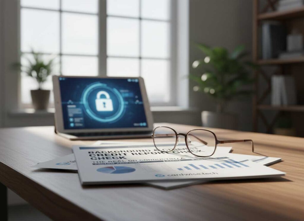 Background and credit report check guide showing magnifying glass over credit document with verification symbols