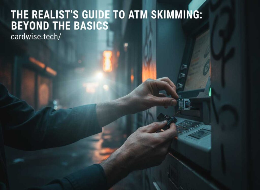 Comprehensive diagram showing the ATM skimming ecosystem from hardware placement to cashout