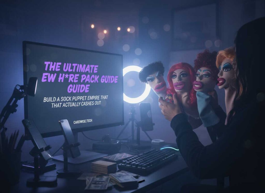Ewhore pack guide featured image showing sock puppet empire concept with ghost profiles emerging from smartphone screen