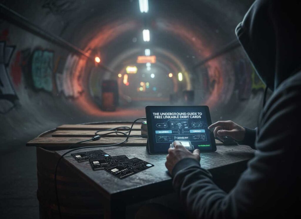 Underground guide to free linkable debit cards showing card linking to smartphone with data streams
