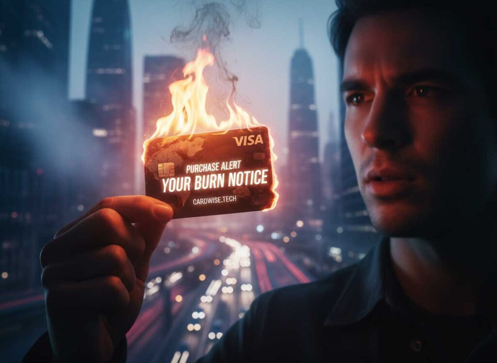 Visa purchase alert on a smartphone screen with a person reacting to the notification in a dimly lit room.