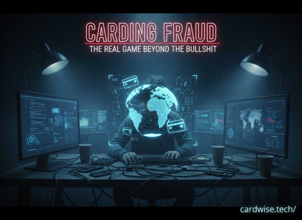 What is Carding Fraud?. Diagram showing the carding fraud supply chain from data acquisition through validation, brokering, and monetization