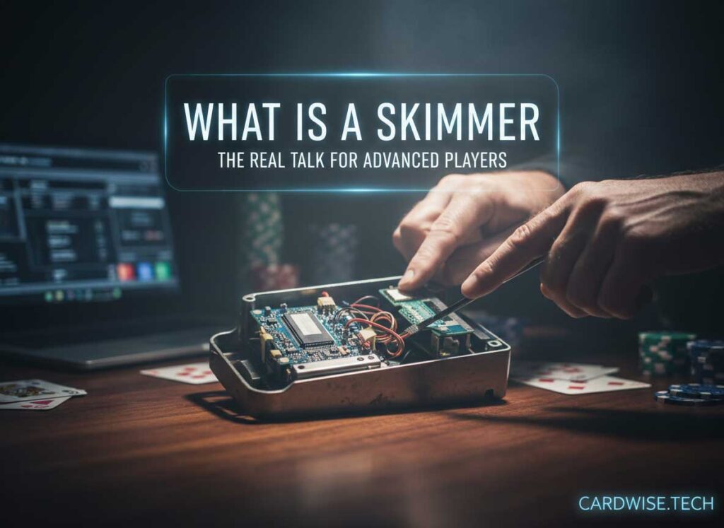 What is a Skimmer. Close up of a gas pump payment terminal with a skimmer device attached showing the overlay design