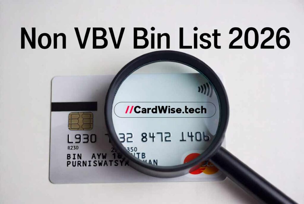 Non VBV Bin List 2026 guide with credit card and magnifying glass