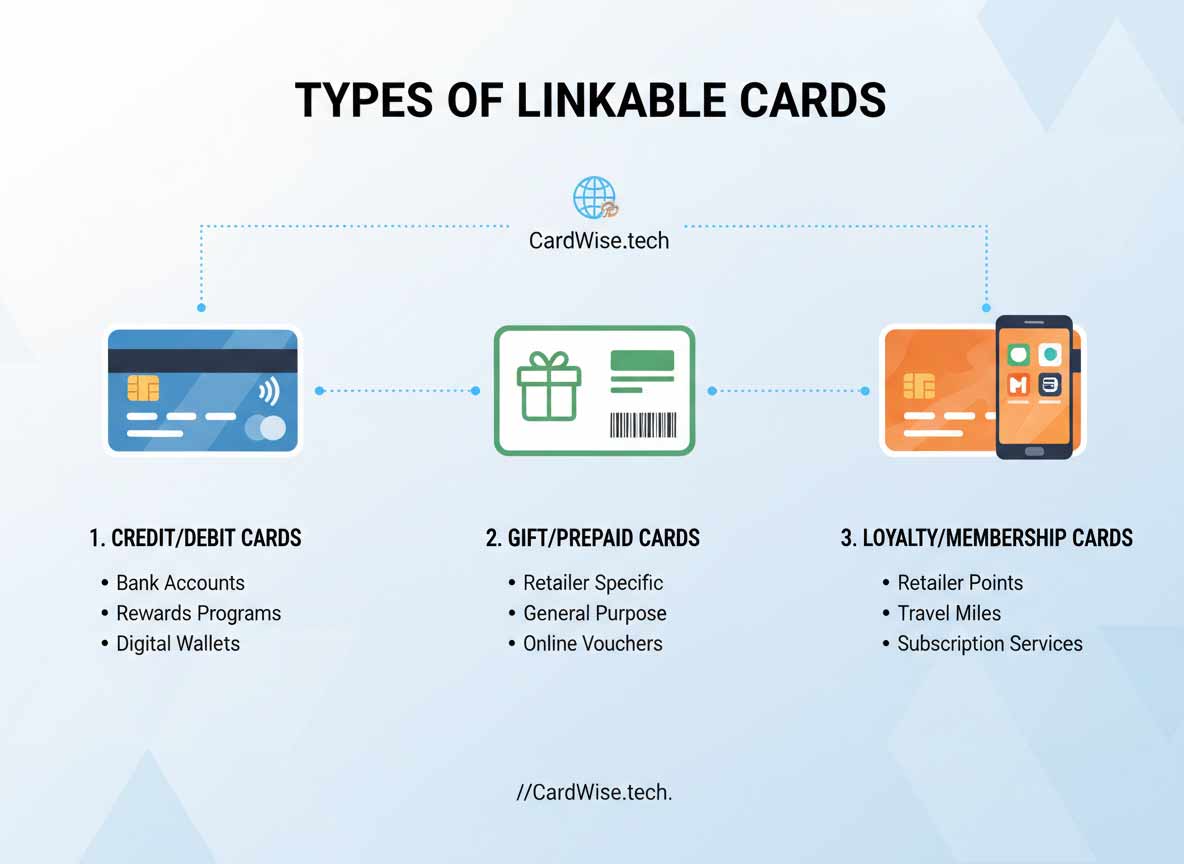 Types of linkable cards including virtual debit, virtual credit, physical, and reloadable cards